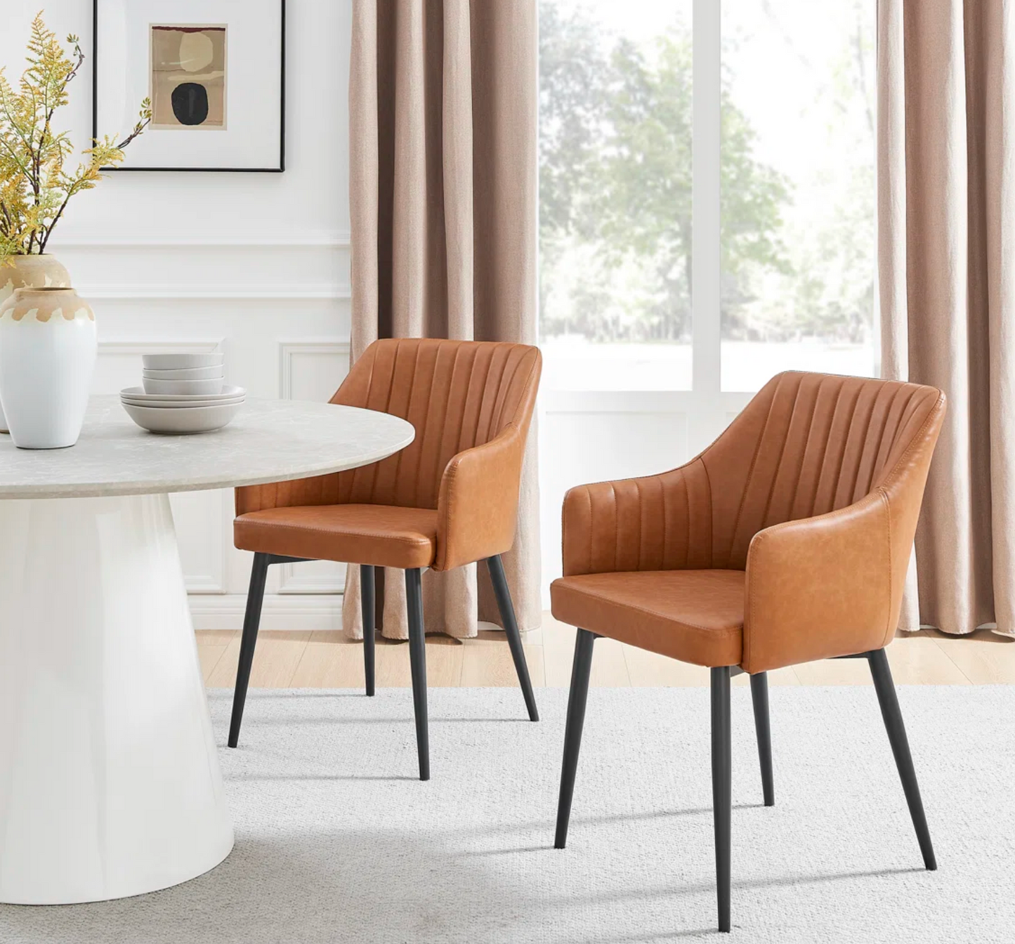 2 brown vegan leather dining chairs w/ tapered metal legs 🥃