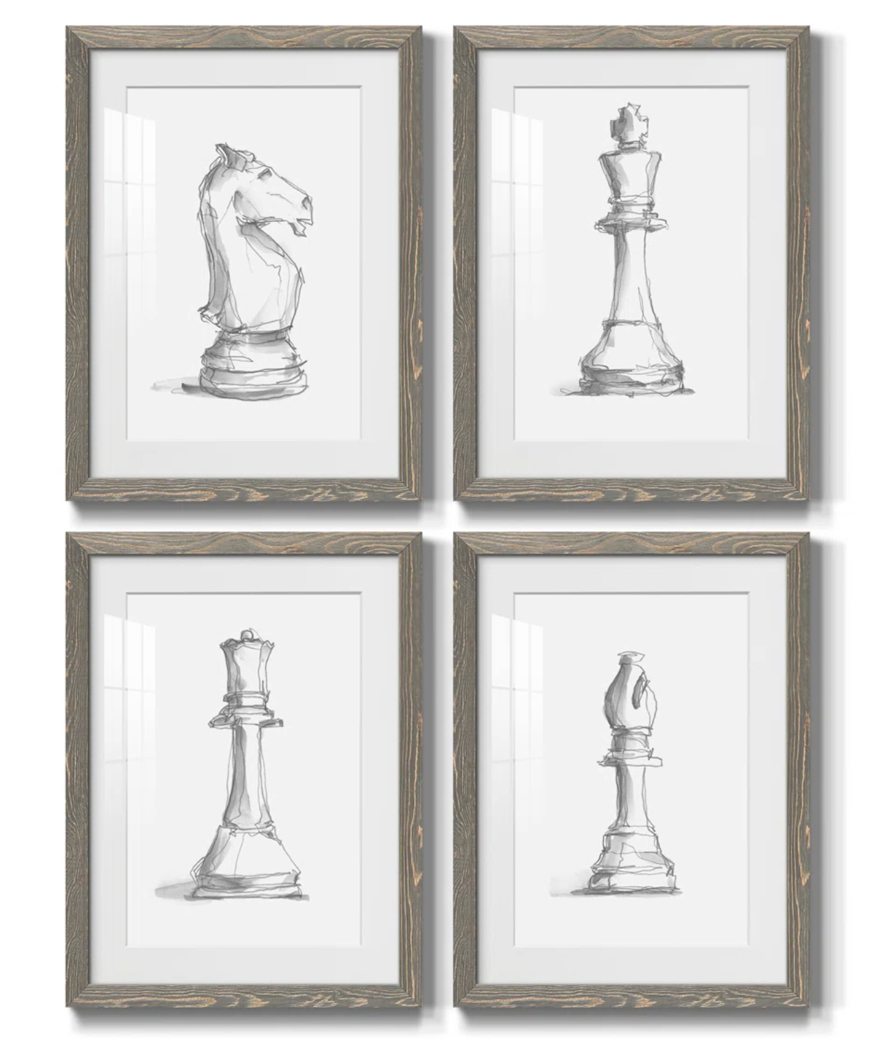 Set of 4 chess pieces framed in distressed wood♟️