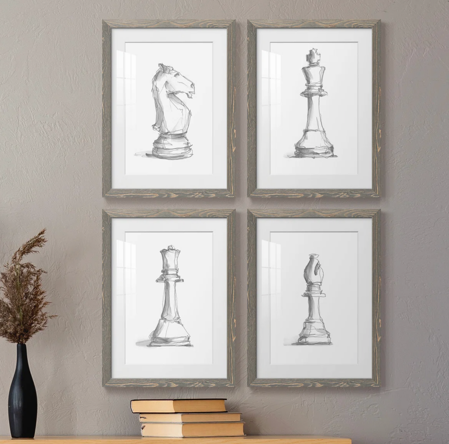 Set of 4 chess pieces framed in distressed wood♟️