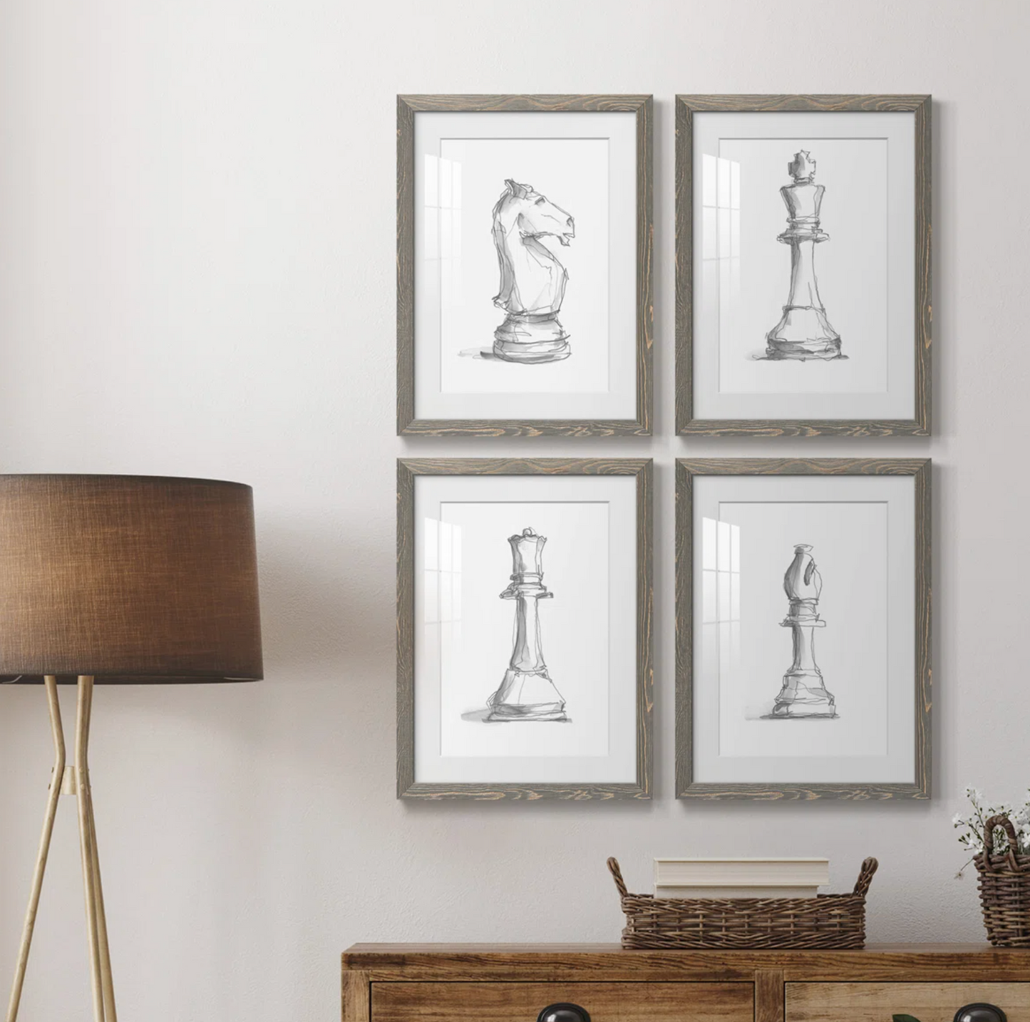 Set of 4 chess pieces framed in distressed wood♟️