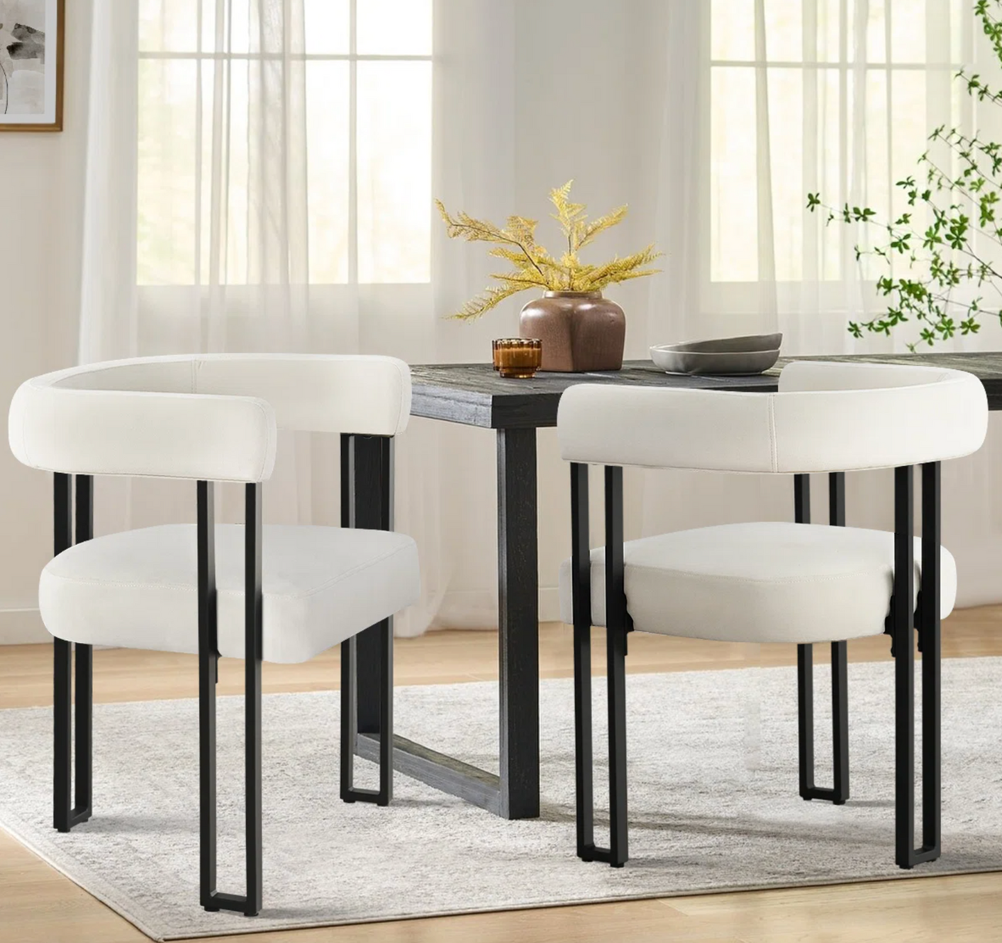2 modern velvet white upholstered armchairs w/ black frame ✨