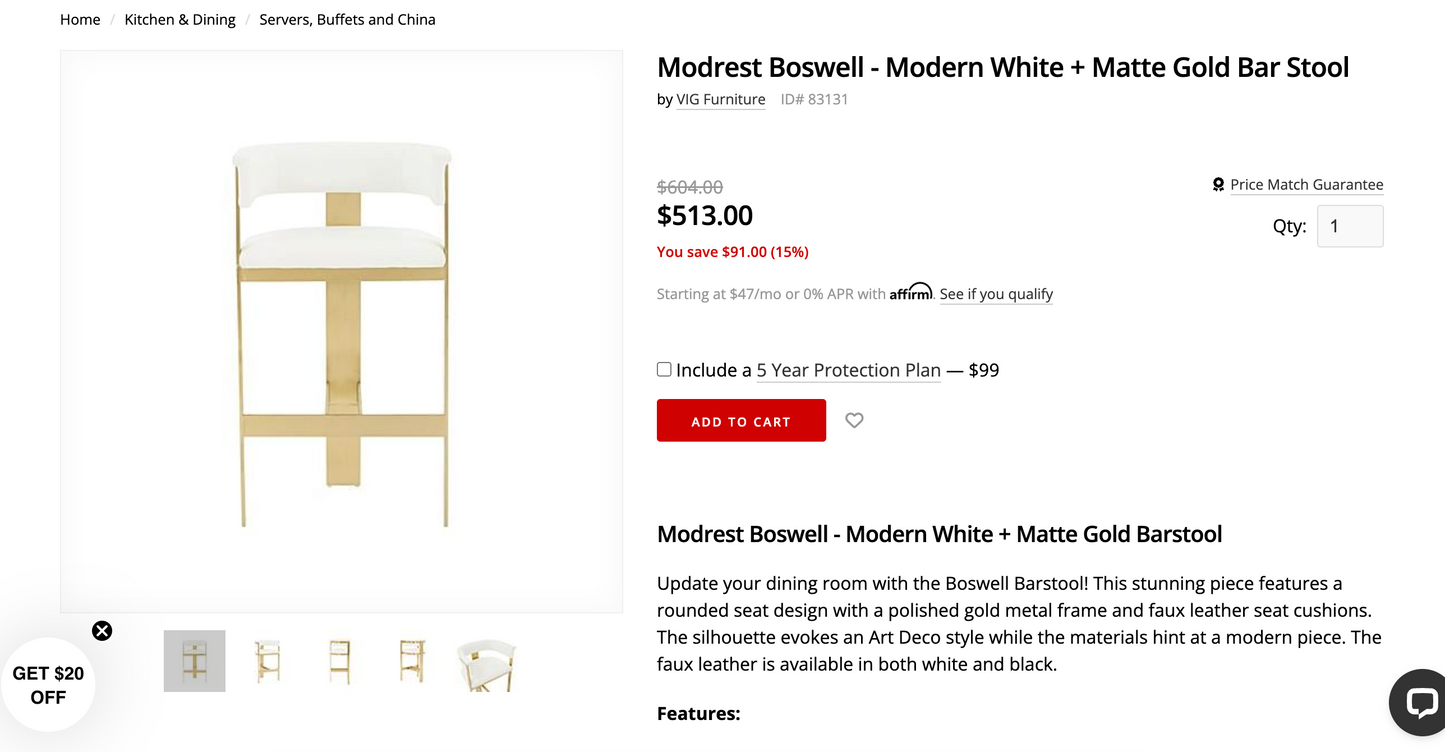 Modern faux white leather & gold frame barstool 🍷
