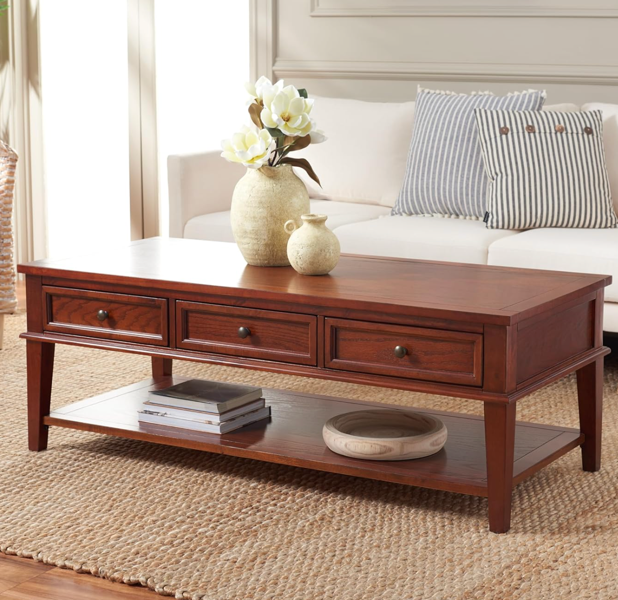 Pinewood (sepia finish) coffee table w/ 3 drawers ☕