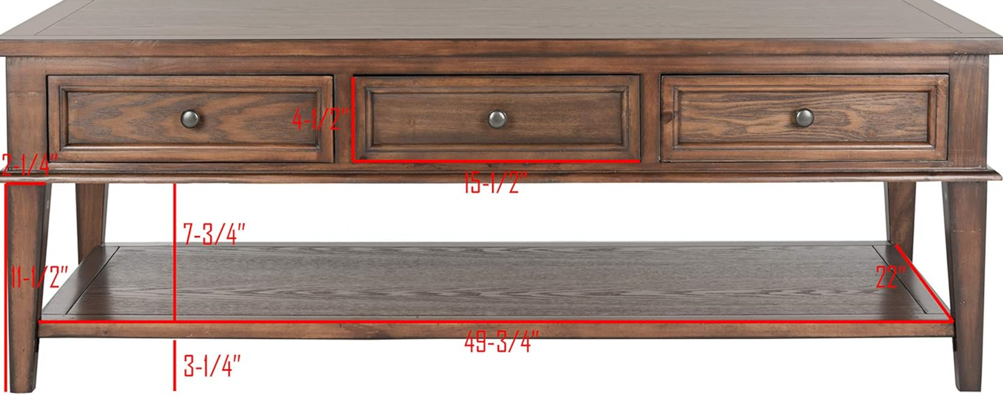 Pinewood (sepia finish) coffee table w/ 3 drawers ☕