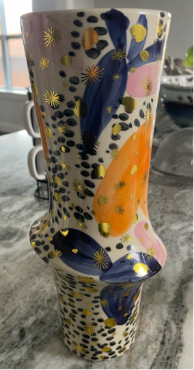 Ceramic vase w/ purple & orange abstract flowers 🌼