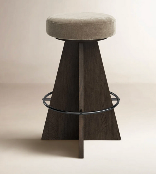 Four Hands khaki swivel stool w/ brown wood base & iron footrest 🍷