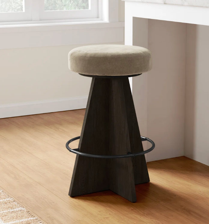 Four Hands khaki swivel stool w/ brown wood base & iron footrest 🍷