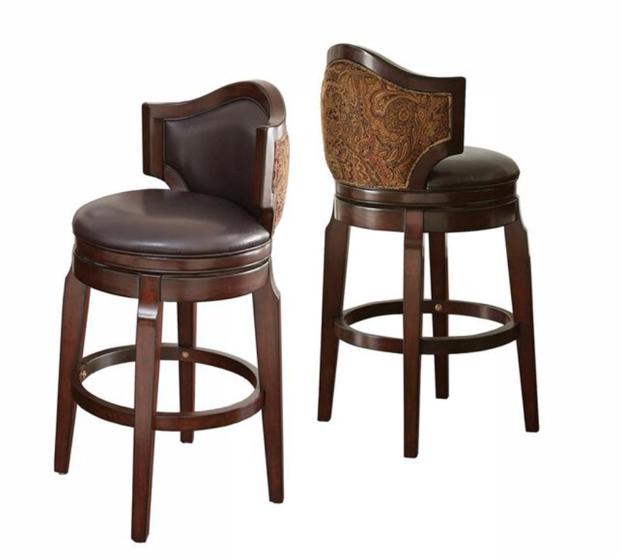2 upholstered gold & red paisley barheight barstools w/ black vegan leather cushions 🍷