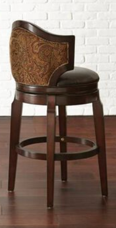 2 upholstered gold & red paisley barheight barstools w/ black vegan leather cushions 🍷