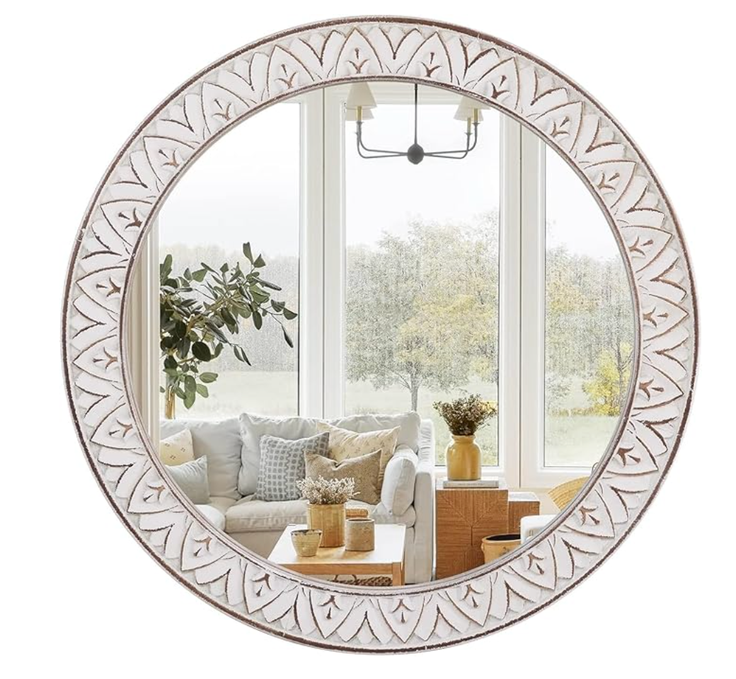 20" round rustic mirror w/ distressed wood frame & white flowers 🌷