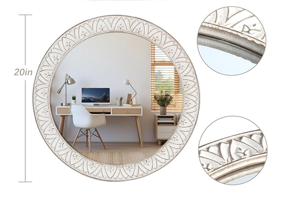 20" round rustic mirror w/ distressed wood frame & white flowers 🌷