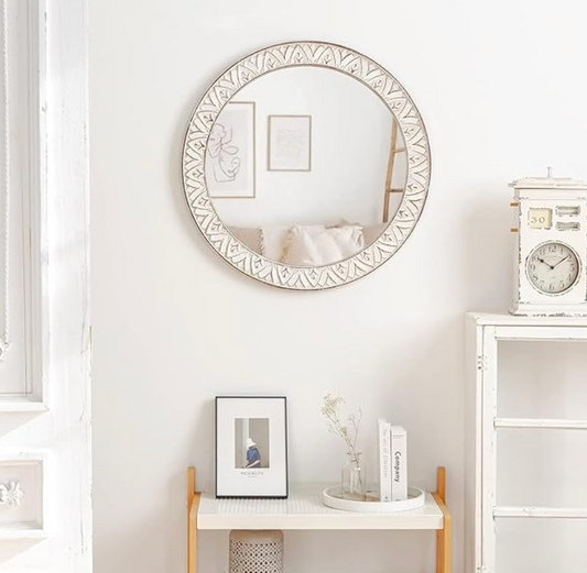 20" round rustic mirror w/ distressed wood frame & white flowers 🌷