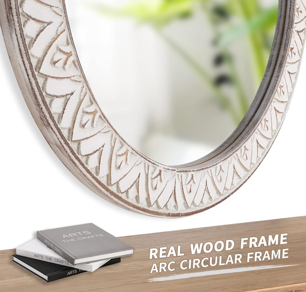 20" round rustic mirror w/ distressed wood frame & white flowers 🌷