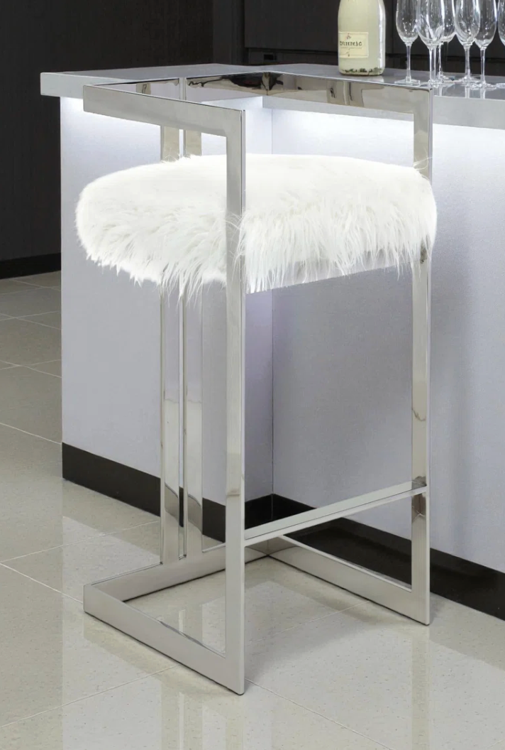 Faux white fur barheight barstool w/ steel metal legs 🍸