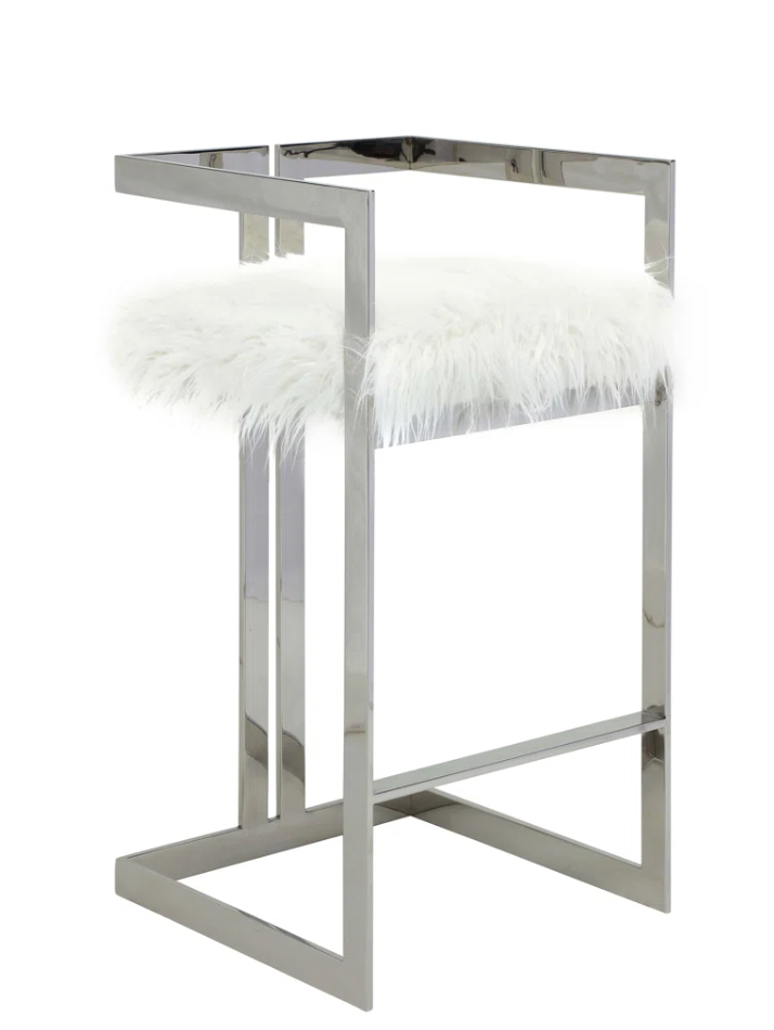 Faux white fur barheight barstool w/ steel metal legs 🍸