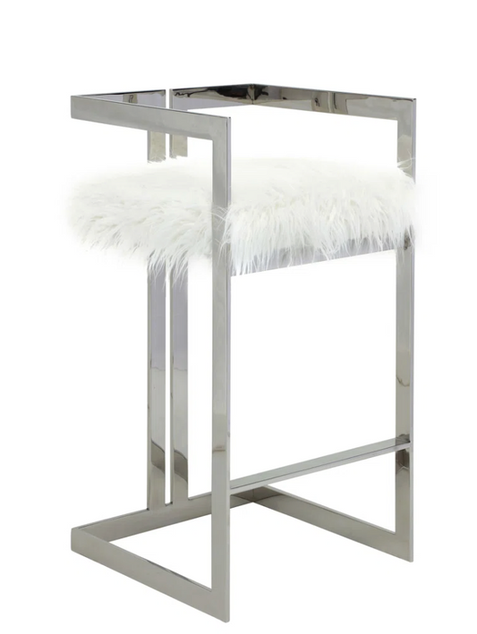 Faux white fur barheight barstool w/ steel metal legs 🍸