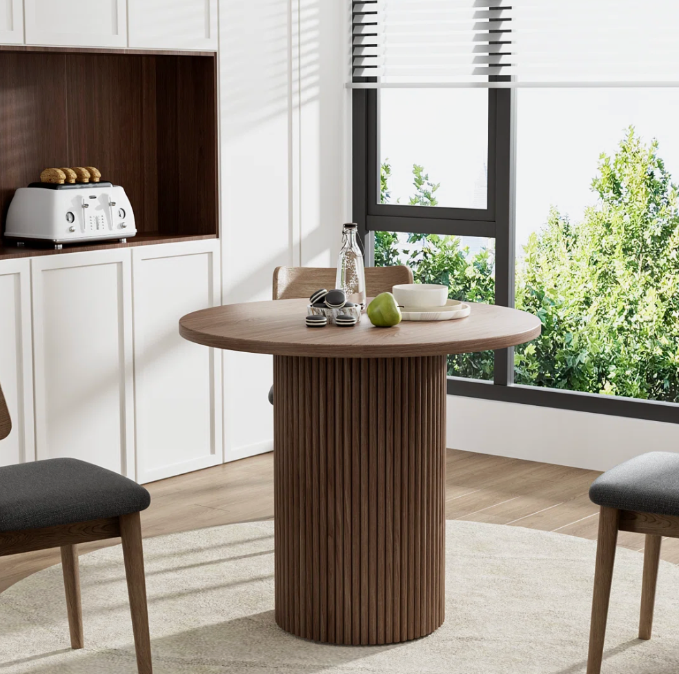 Elegant brown pedestal 36" round textured dining table 🤎
