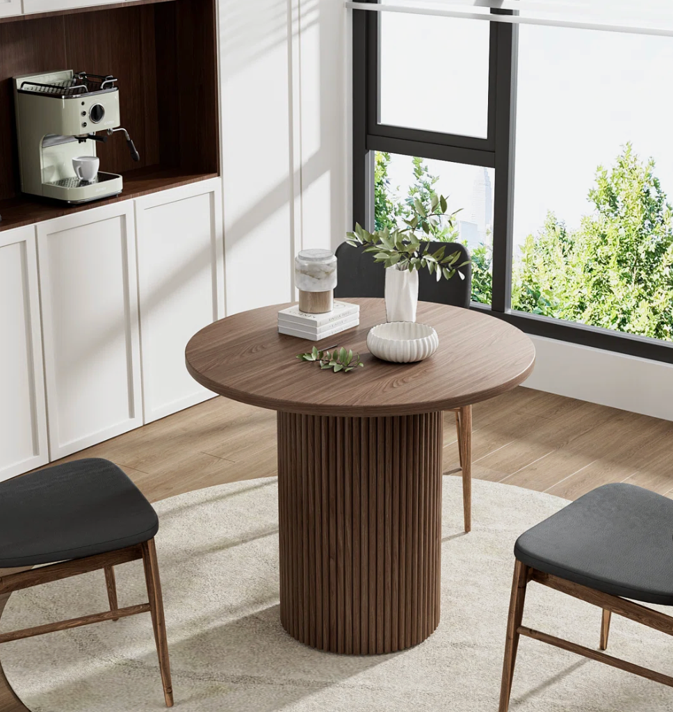 Elegant brown pedestal 36" round textured dining table 🤎