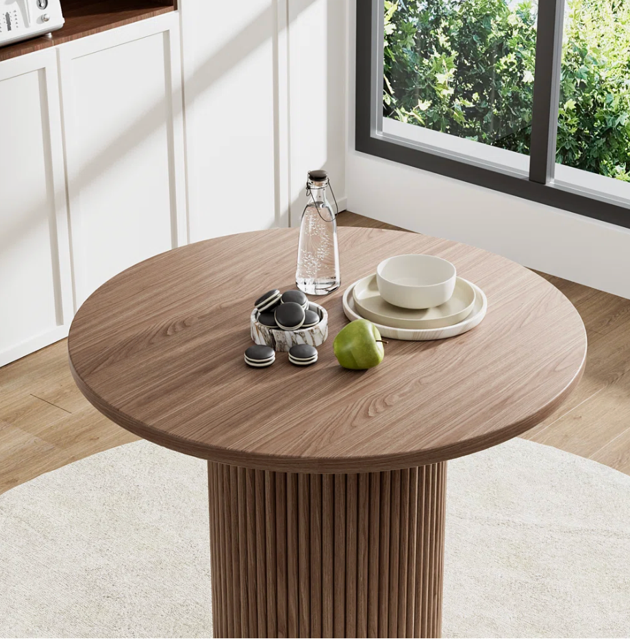 Elegant brown pedestal 36" round textured dining table 🤎