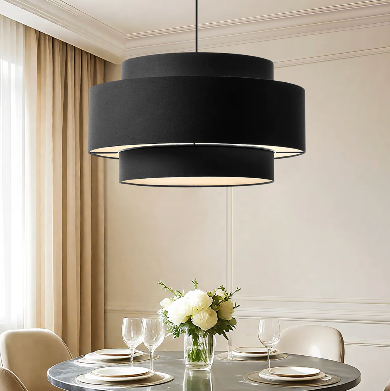 3-Light black dimmable drum adjustable height chandelier 🖤