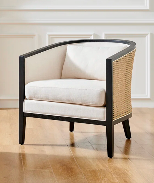 Upholstered coastal natural cane & black wood barrel chair 🌻