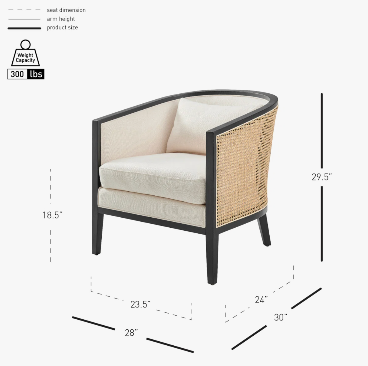Upholstered coastal natural cane & black wood barrel chair 🌻