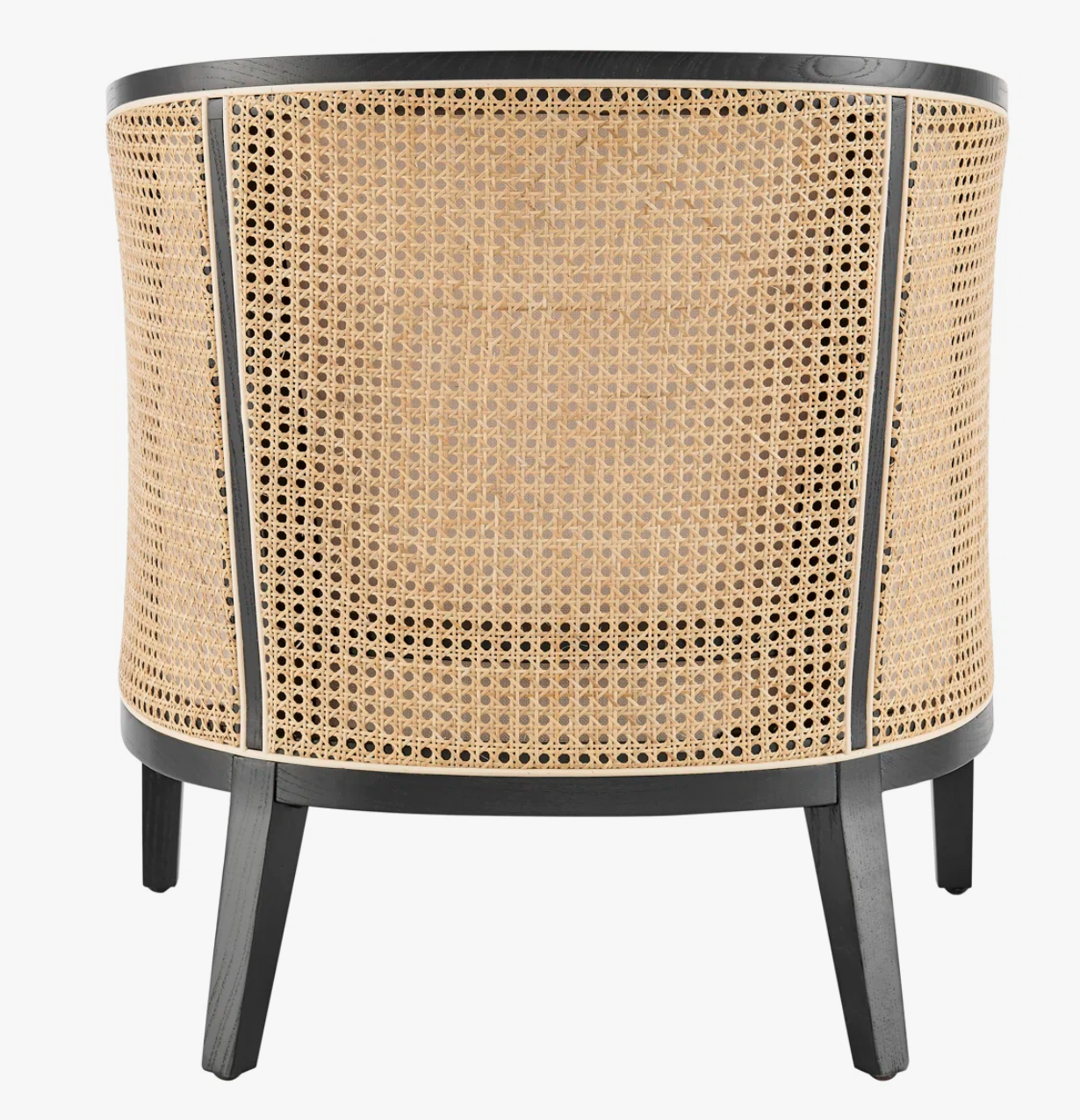 Upholstered coastal natural cane & black wood barrel chair 🌻