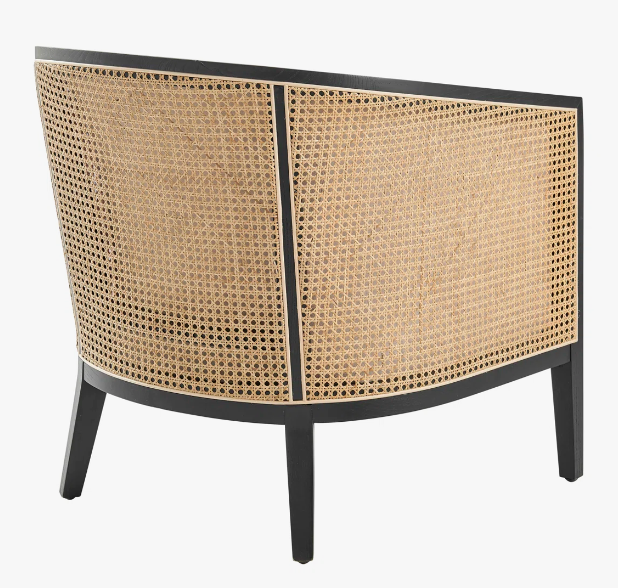 Upholstered coastal natural cane & black wood barrel chair 🌻