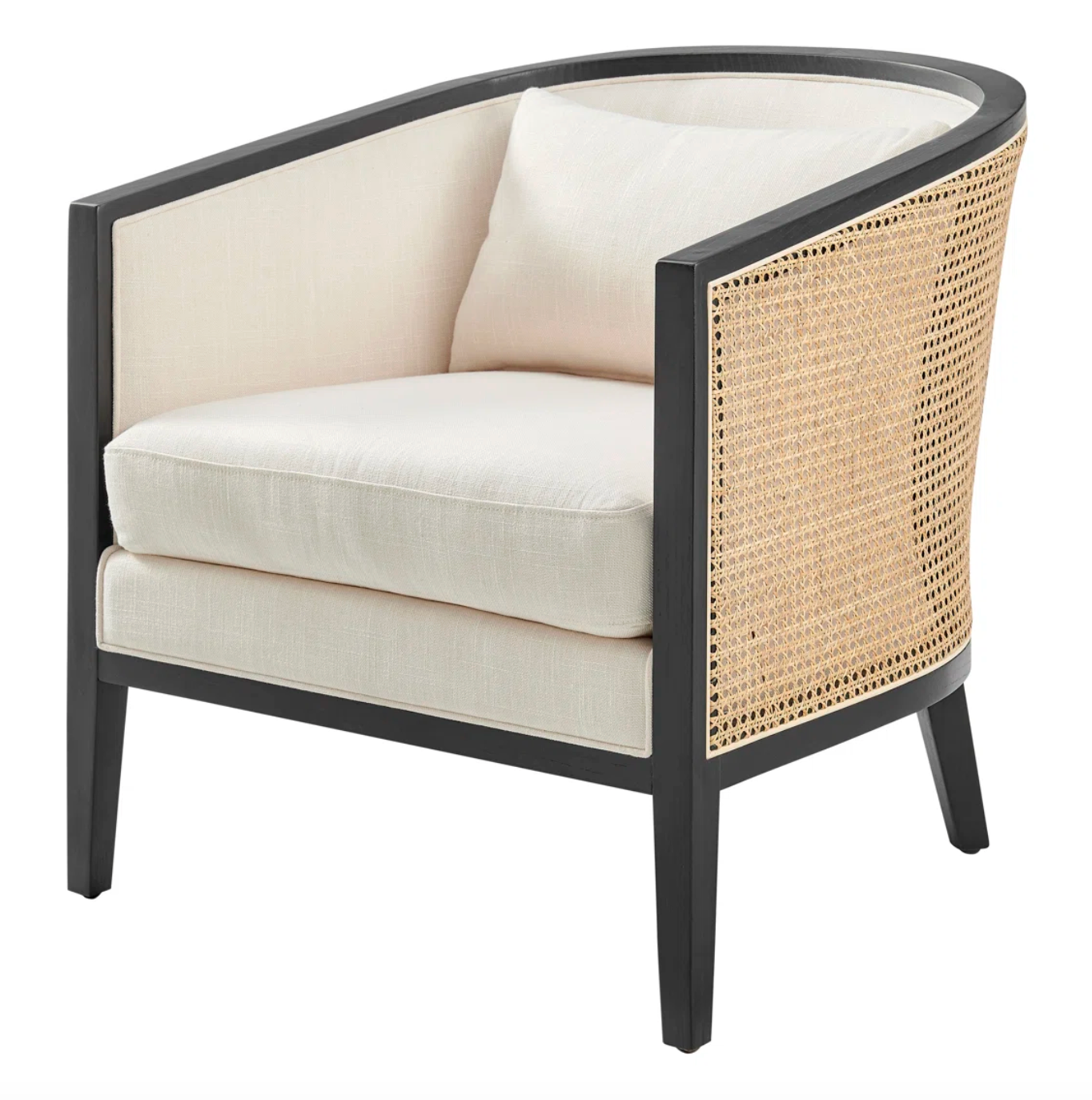 Upholstered coastal natural cane & black wood barrel chair 🌻