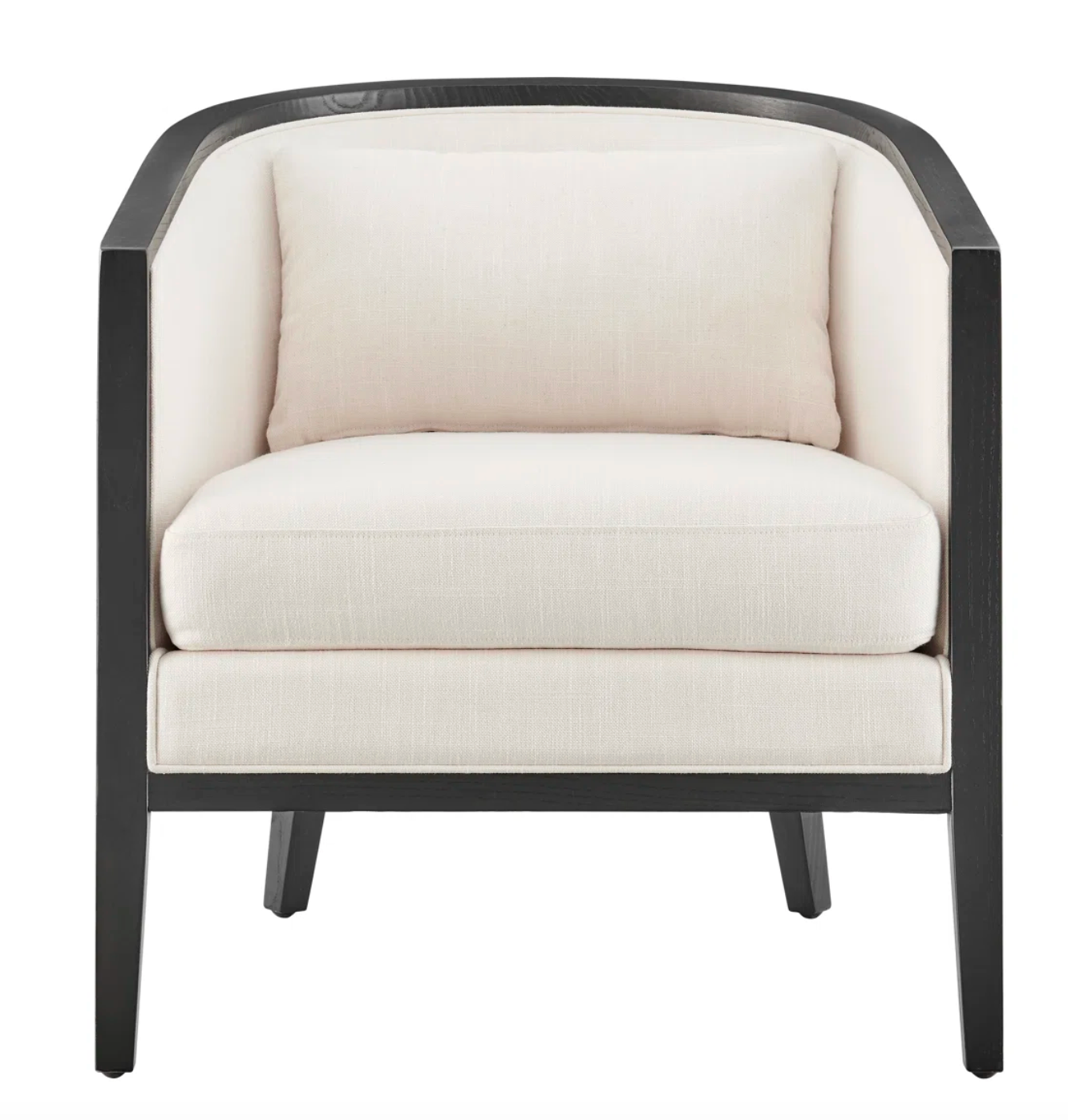 Upholstered coastal natural cane & black wood barrel chair 🌻