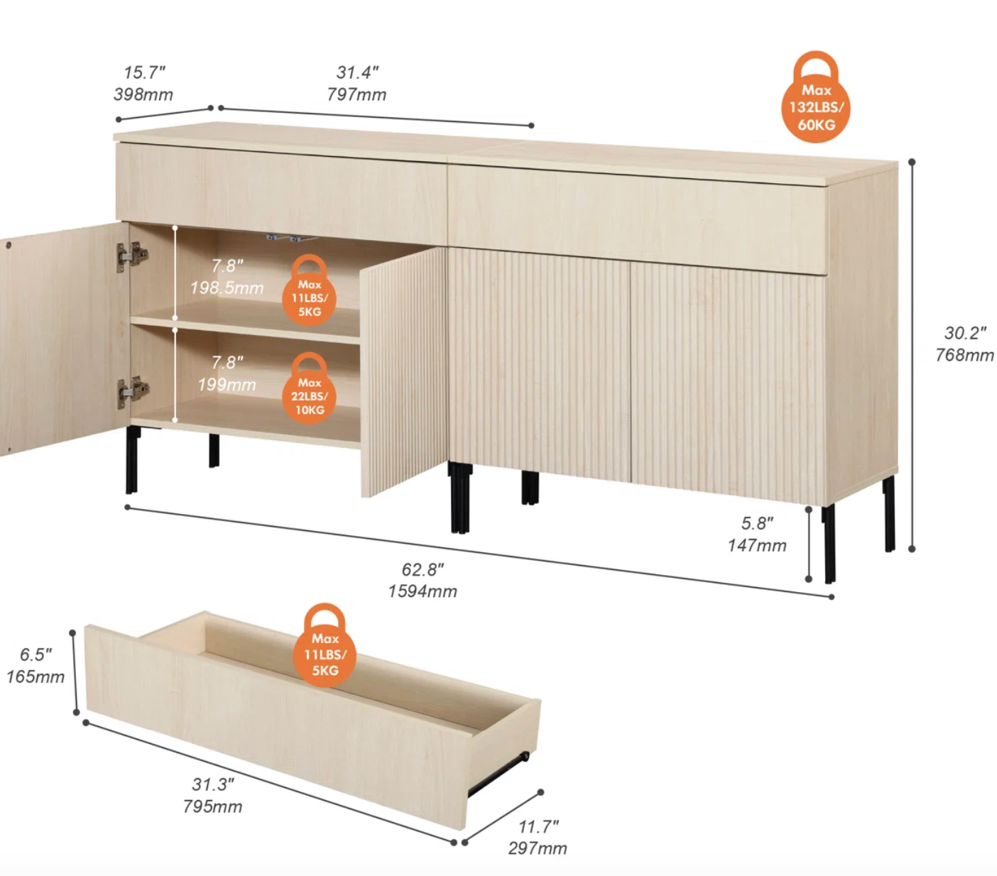 Reeded 63" accent cabinet / sideboard w/ metal legs 🌷