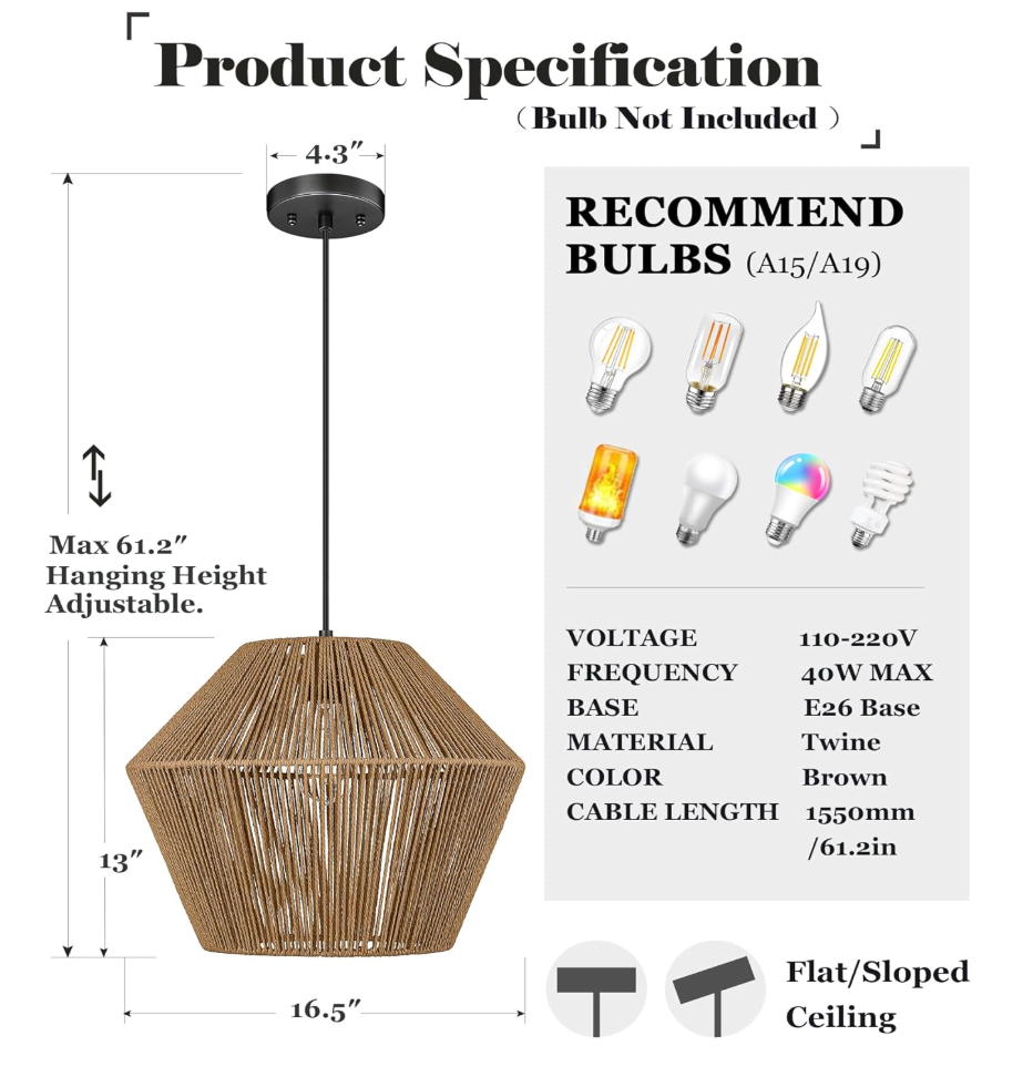 Modern 17" woven boho rattan basket pendant light 🌻