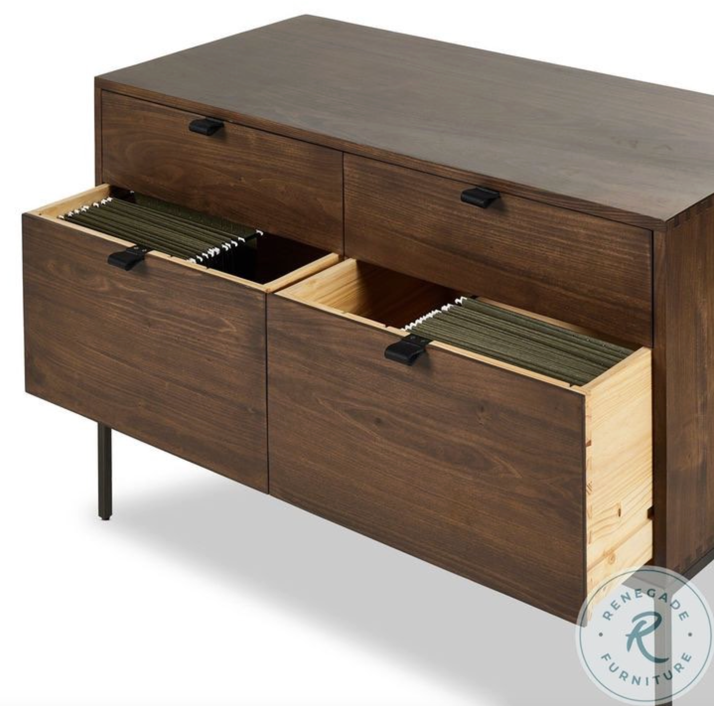 Four Hands natural iron & black leather modular wood wide filing cabinet 🕰
