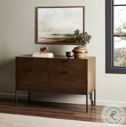 Four Hands natural iron & black leather modular wood wide filing cabinet 🕰