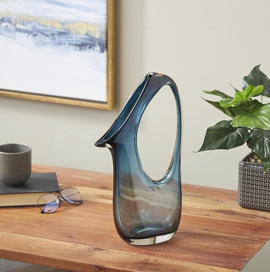 Glass abstract blue ombre vase w/ cutout handle & elongated opening 💙