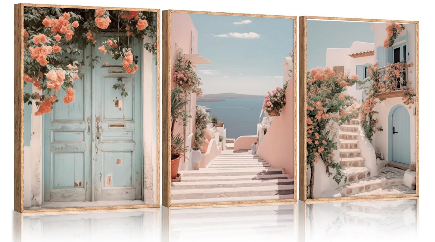 Set of 3 Italian Mediterranean 24x36 pink, blue, & white coastal framed canvas 🌸