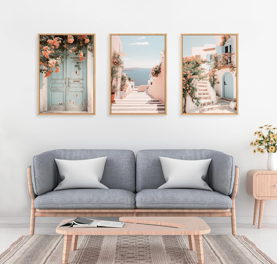 Set of 3 Italian Mediterranean 24x36 pink, blue, & white coastal framed canvas 🌸