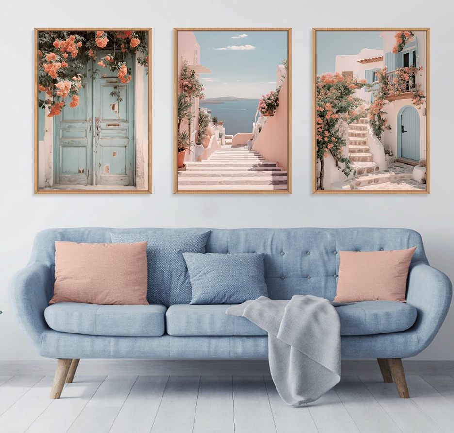 Set of 3 Italian Mediterranean 24x36 pink, blue, & white coastal framed canvas 🌸