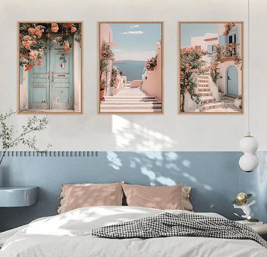 Set of 3 Italian Mediterranean 24x36 pink, blue, & white coastal framed canvas 🌸