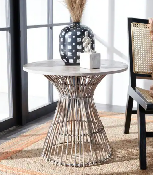 Grey white wash & black rattan 23" round end table 🩶