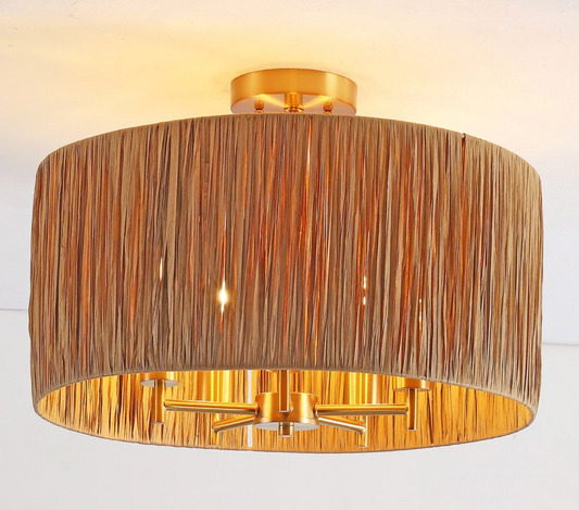 Tropical boho natural & gold 5-light flush mount ceiling light 🌻