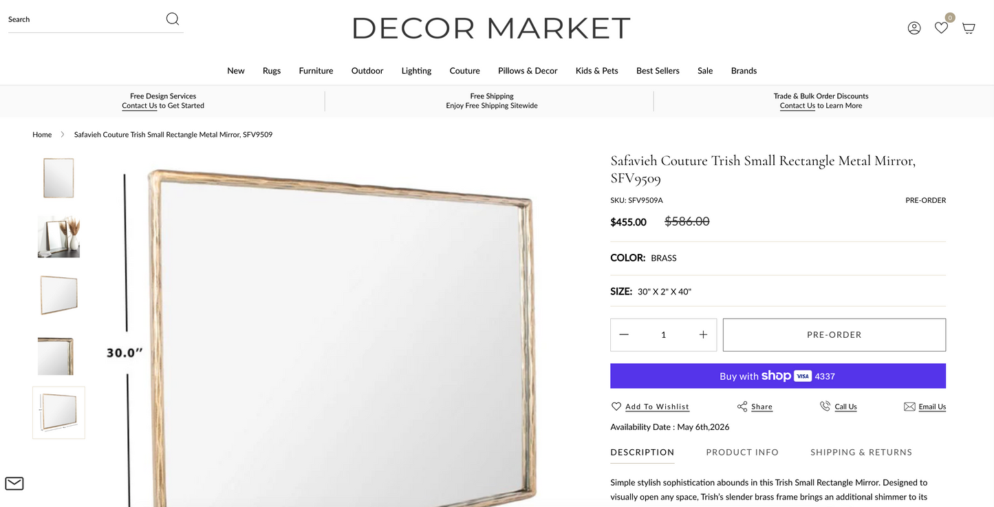 30x40 couture brass rectangular mirror  ✨