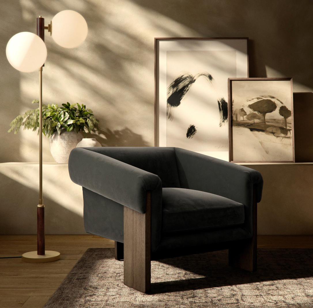 Four Hands modern velvet smoke armchair w/ wood frame 🌷