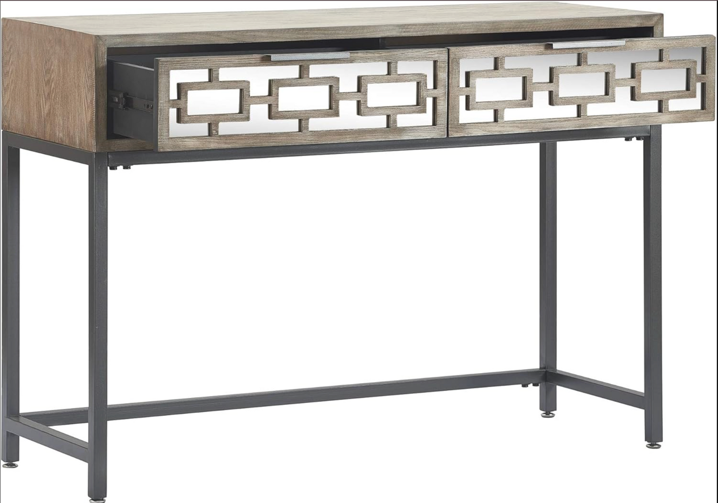 Tommy Hilfiger grey weathered wood console table w/ mirrored drawers 🩶