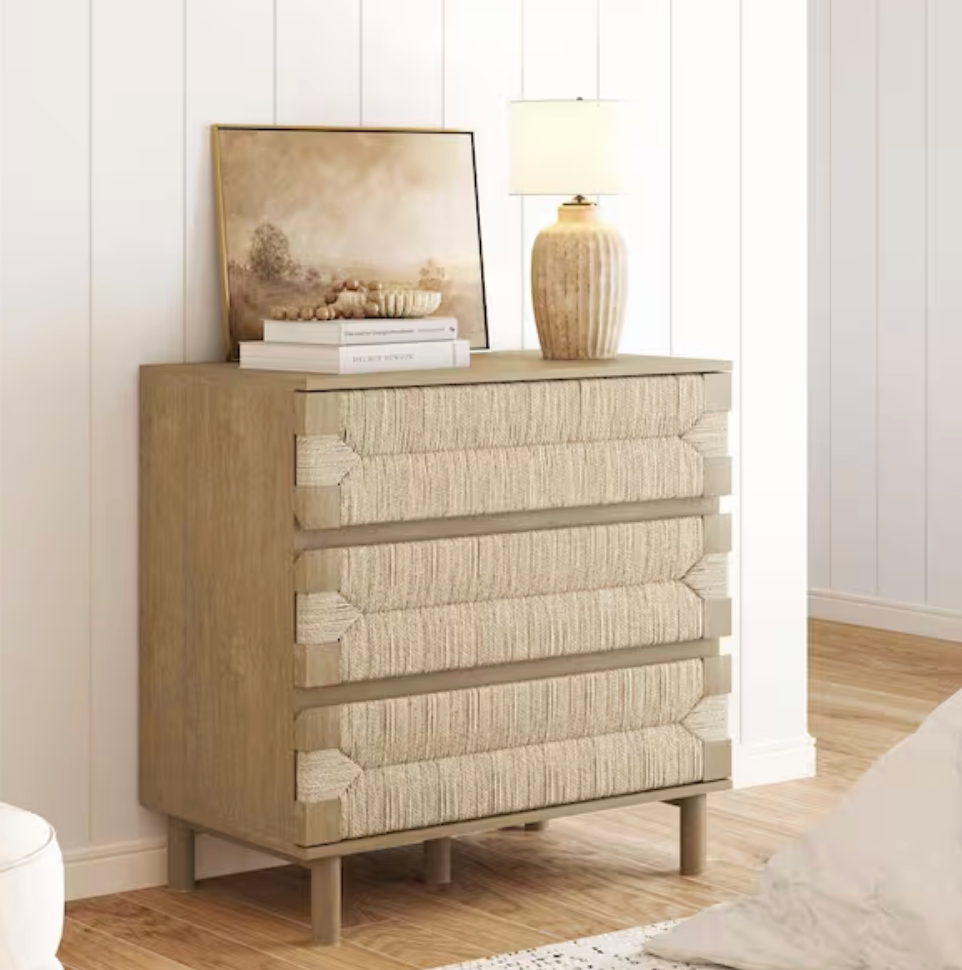 Nathan James 3-drawer light brown boho woven seagrass dresser 🧶