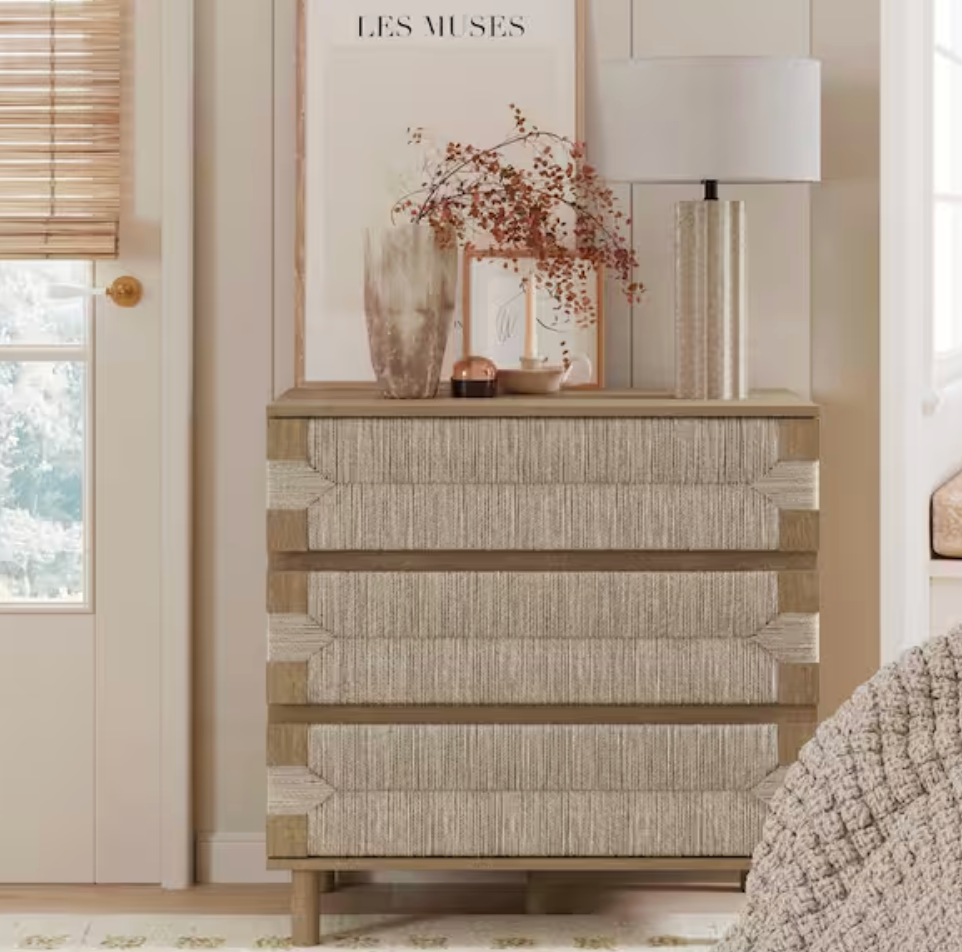 Nathan James 3-drawer light brown boho woven seagrass dresser 🧶