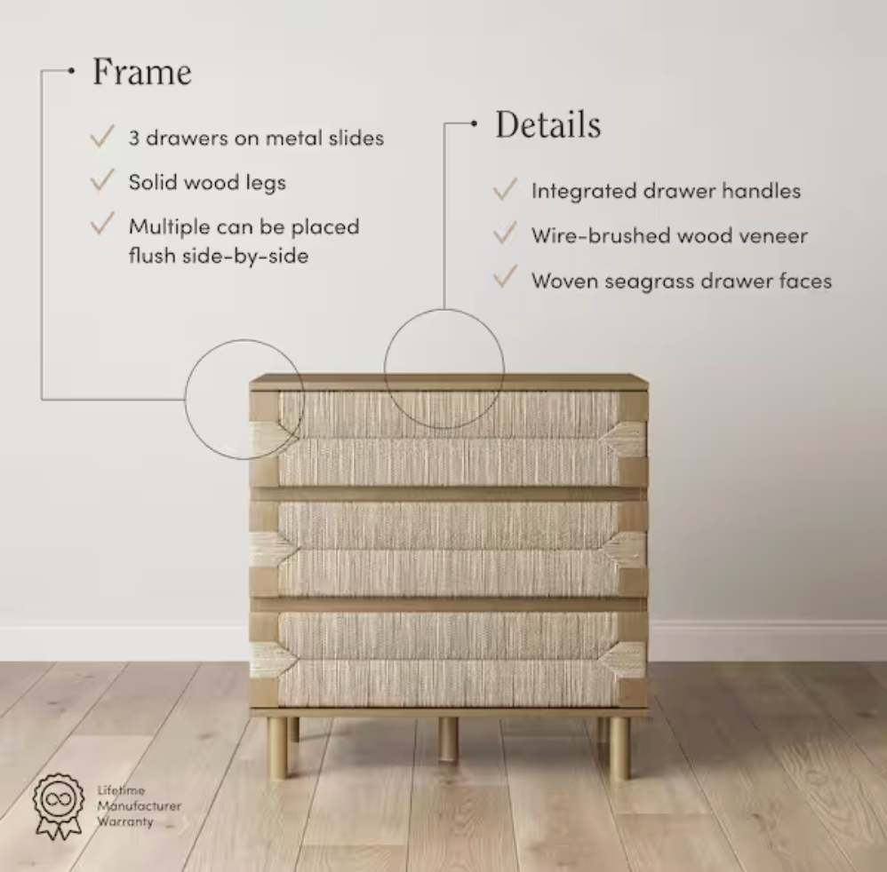Nathan James 3-drawer light brown boho woven seagrass dresser 🧶
