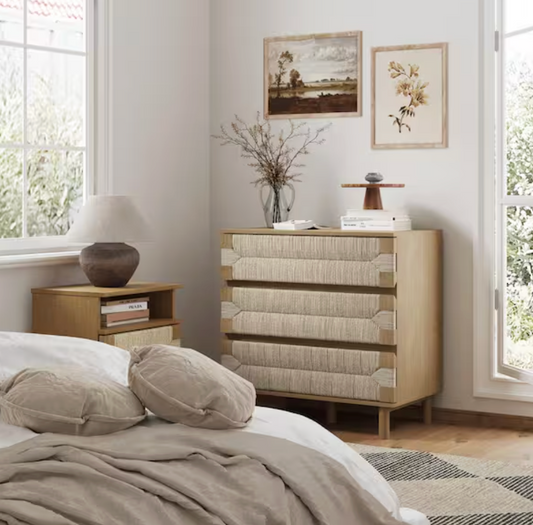 Nathan James 3-drawer light brown boho woven seagrass dresser 🧶