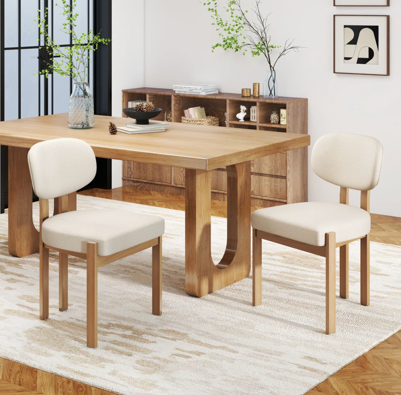2 white boucle & solid wood dining chairs 🪑