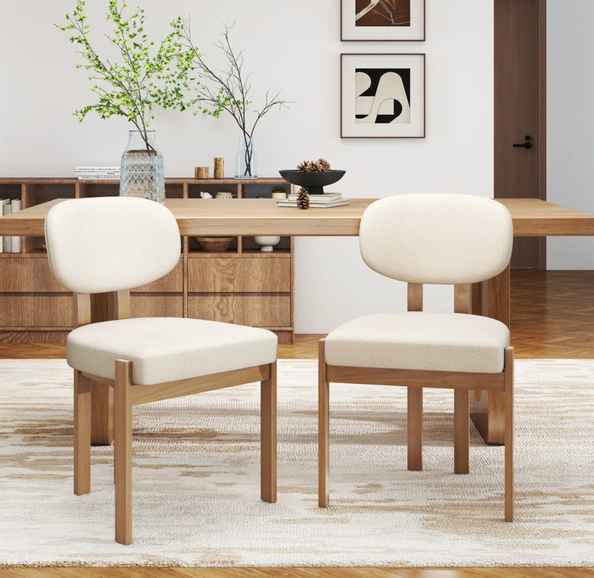 2 white boucle & solid wood dining chairs 🪑